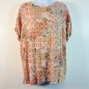 Chris & Carol Pink and Cream Patchwork Blouse USA Made SzM Granny core